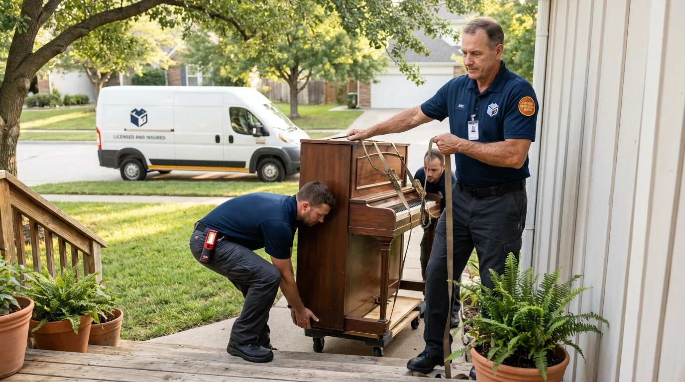 Licensed piano movers securing grand piano in Royston, GA