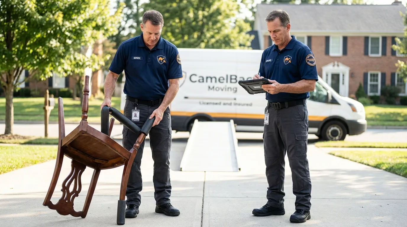Movers inspecting furniture for damage prevention before loading in Royston, GA