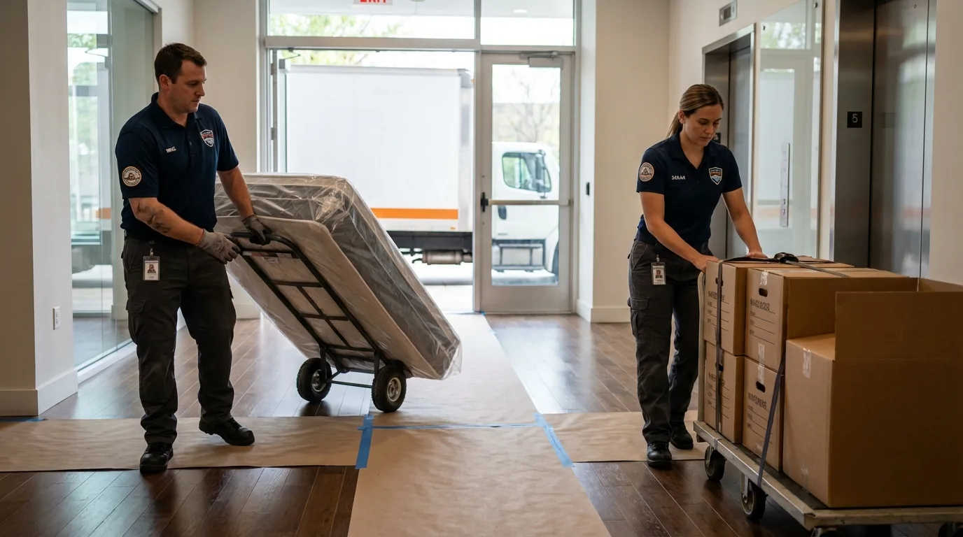 Professional apartment movers loading elevator in Royston, GA