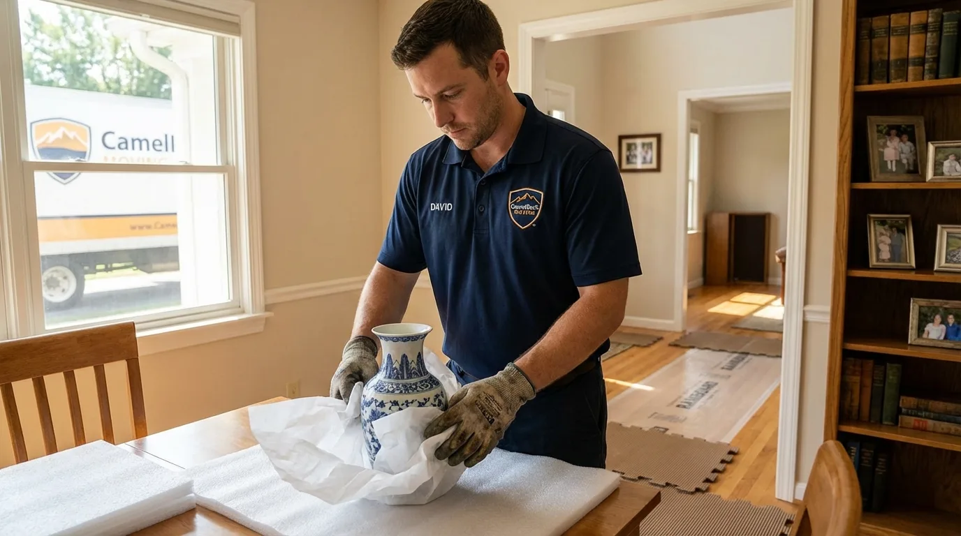 Professional crew carefully wrapping antique vase for senior downsizing move in Royston, GA